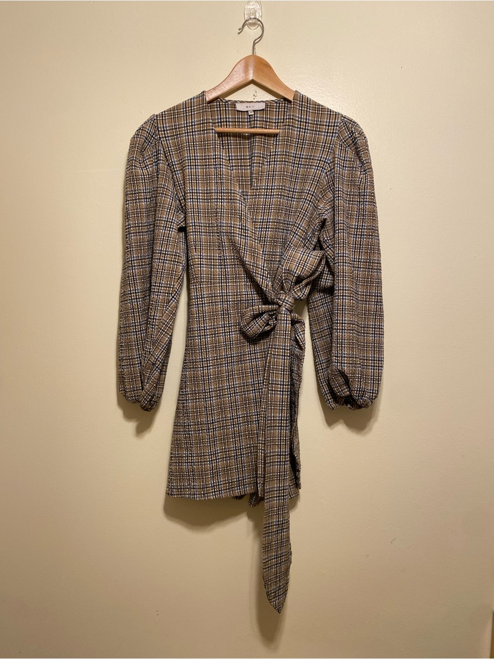 BOII Plaid Wrap Mini Dress with Puff Sleeves - Brown. Size M